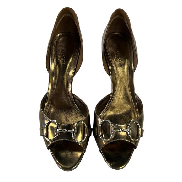 Vintage Gucci Metallic Gold Horsebit Open Toe Heels Womens 36.5 C / US 6.5 AS IS - Picture 1 of 12